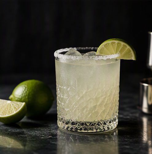 A salt-rimmed margarita with fresh lime