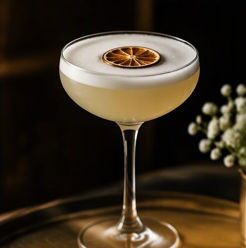 A foamy sour in a coupe with a dried citrus wheel