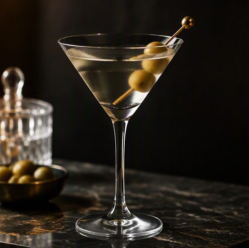 A martini with olives on a dark marble bar