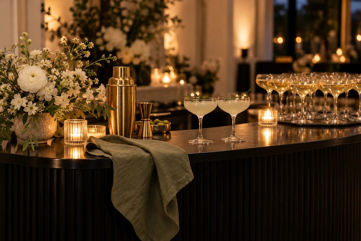 A candlelit bar with white flowers, a brass shaker, two coupes and rows of champagne glasses